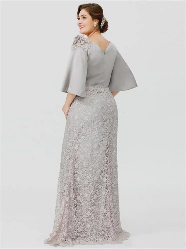 Elegant eine Linie Mutter der Braut Kleid Juwel Hals 3/4 Langarm Spitze appliziert bodenlangen Abendkleid