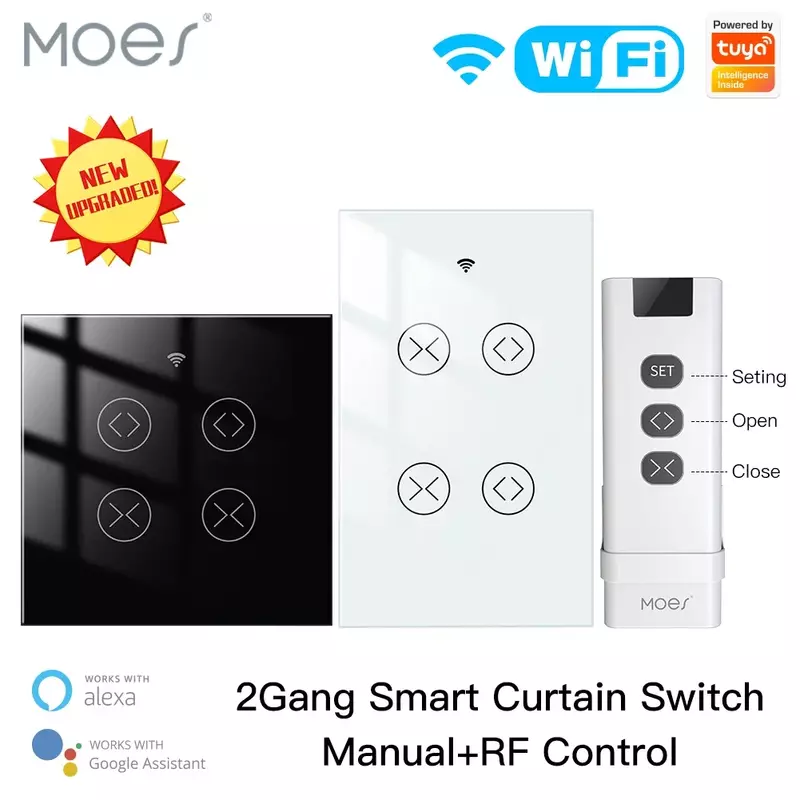 Moes Tuya Smart Life WiFi RF 2 Gang Sakelar Penutup Tirai Ganda untuk Motor Listrik Penutup Rol dengan Google Home Alexa
