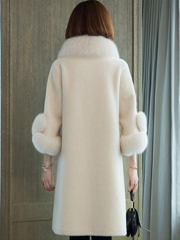Mantel panjang wanita bulu Mink imitasi, mantel panjang bulu rubah buatan elegan kerah bulu domba musim gugur 2024