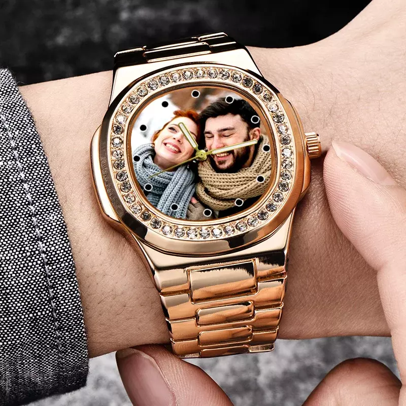 Männer goldene Farbe Strass Uhr benutzer definierte Zifferblatt mit Foto Design Logo Bild Uhren personal isierte Uhr DIY Geschenk für Männer