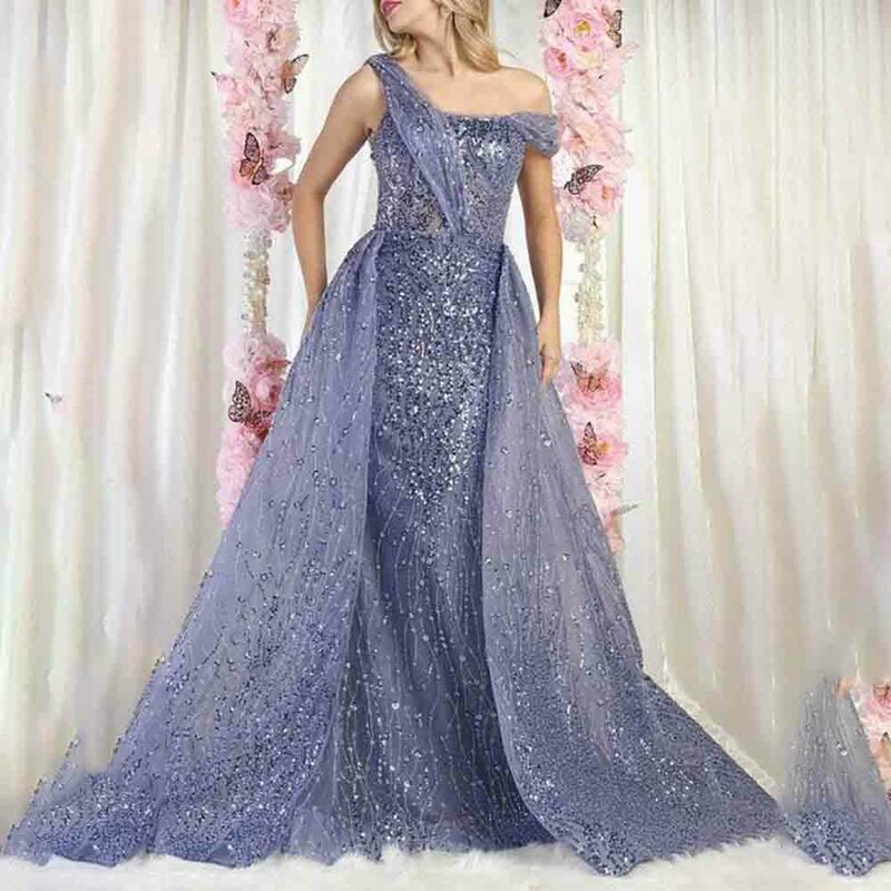 A-Line Beaded Convertible Wide Strap Mid-Open Back Zipper Pleated Overskirt Sweep Train Evening Gown