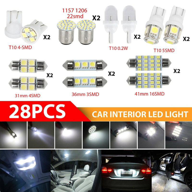 28 szt. T10 W5W Auto LED do wnętrza samochodu światła kopuła tablicy rejestracyjnej zestaw żarówki parkingowe lampy żarówki do wewnętrznych Lamp samochodowych bagażnika