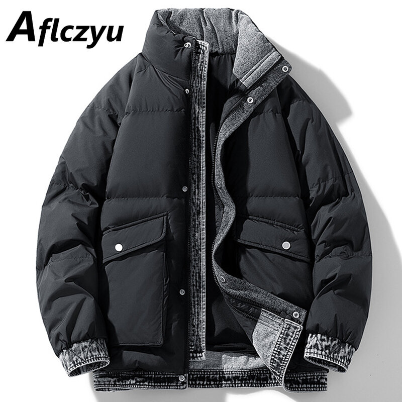 Winter Down Jacket Men Fake Two Pieces Denim Down Jacket Fashion Casual Thick Waterproof Padded Jackets Male Stand Collar Coat