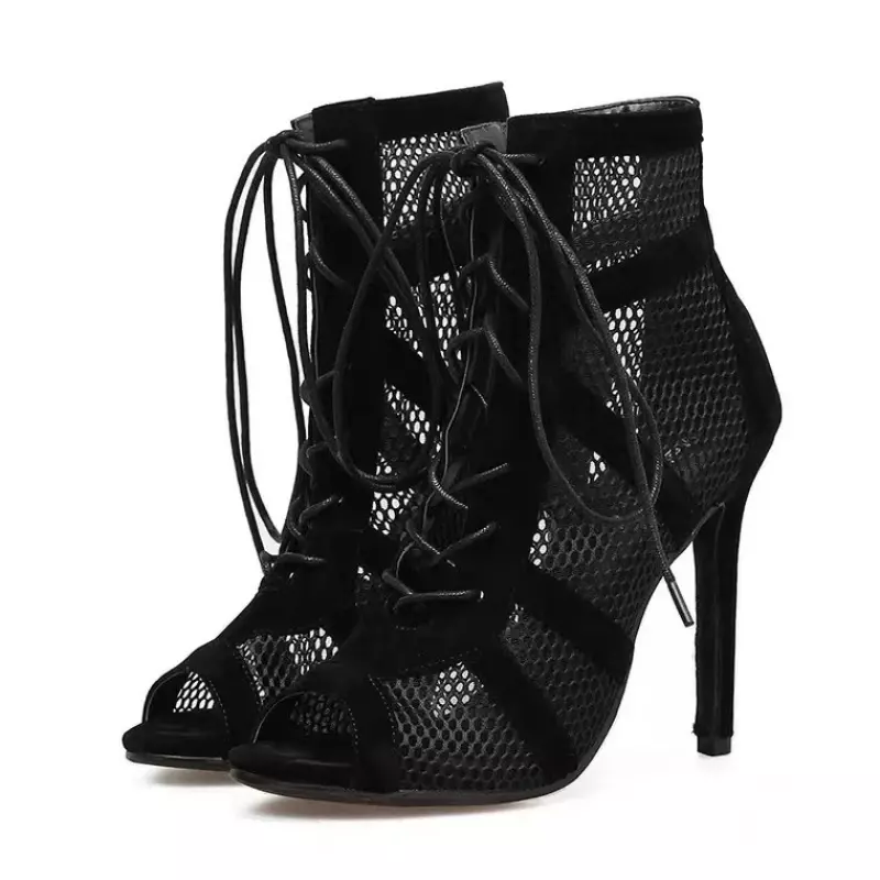 Sandalias de tacón alto con malla hueca para mujer, zapatos de baile con correa en el tobillo, cordones cruzados, color negro, Sexy, Verano