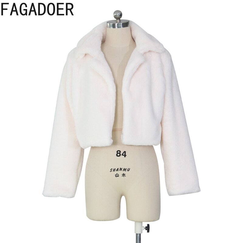 FAGADOER Fashion Faux Fur Streetwear Women Turndown Collar Long Sleeve Crop Top Autumn Winter Female Solid Jacket Waistcoat 2023