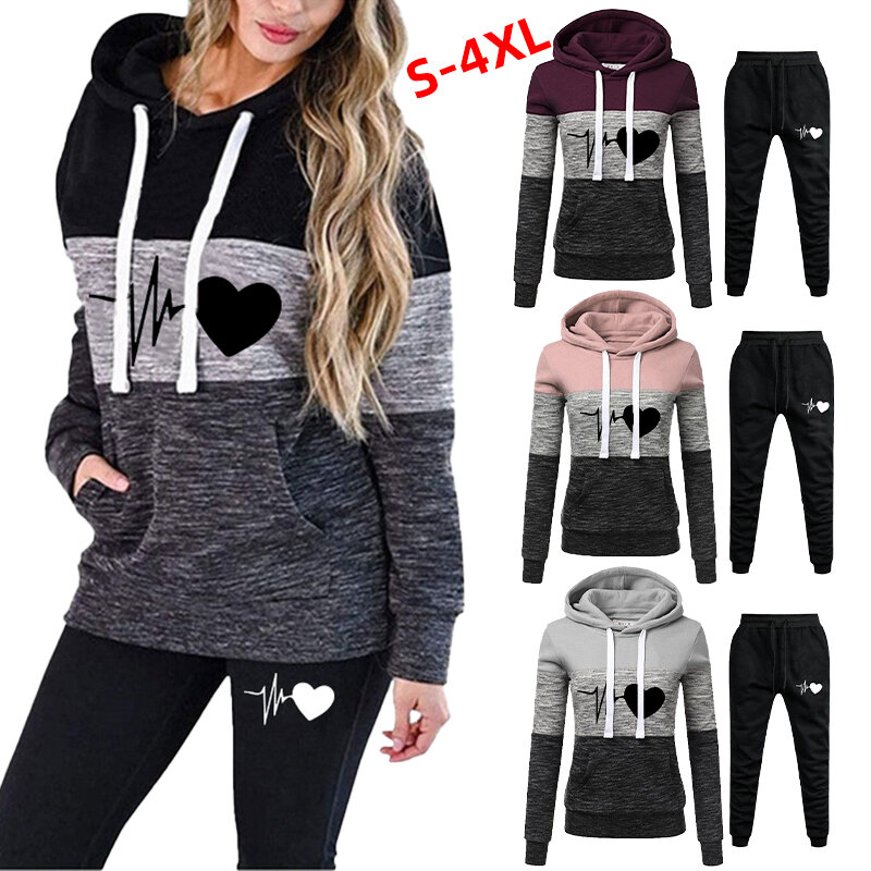 New Love Print Tracksuit for Women Clothes Two Piece Set Hoodie Sweatshirt Top and Pants Casual Ensemble Femme Suits
