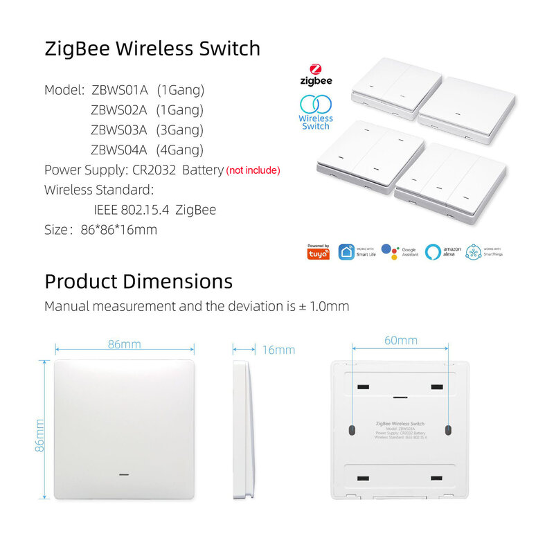 Lonsonho Tuya Zigbee Wireless Smart Scene Switch 1 2 3 4 Gang telecomando Sticker Switch compatibile ZHA Zigbee2MQTT