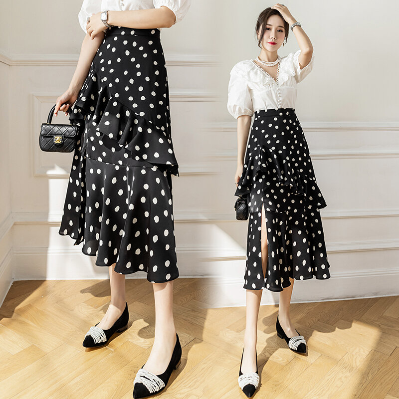 Wisher & tong elegante saias femininas de cintura alta chiffon babados polka dot saia coreano moda midi saias femininas verão 2022