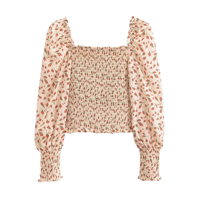 KEYANKETIAN-camisa elástica con estampado de flores y viento para mujer, Top corto de manga abombada, blusas de primavera, novedad de 2024