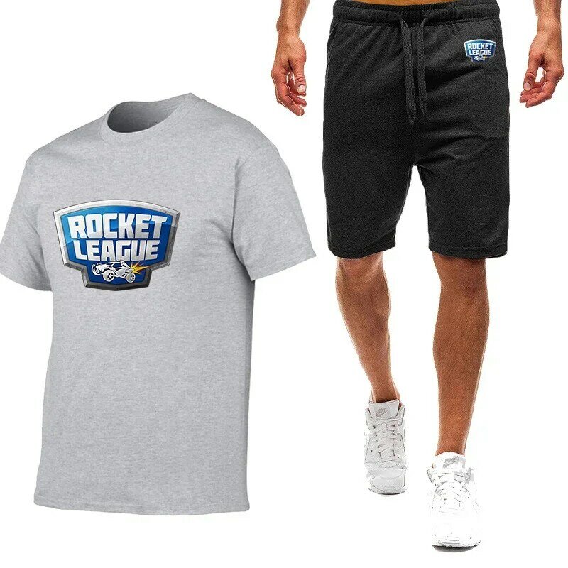 New Rocket League Summer Jogger Solid Color Man Short Sleeves T-shirt Tops+Shorts Casual Men Sports Fitness Wear Two Pieces Suit