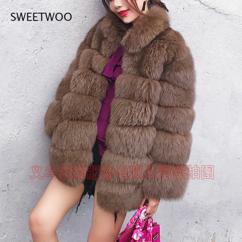 Abrigo de piel de zorro ecológico para mujer, chaqueta de alta calidad con cuello de piel Natural, cálido, personalizado, de lujo, para invierno
