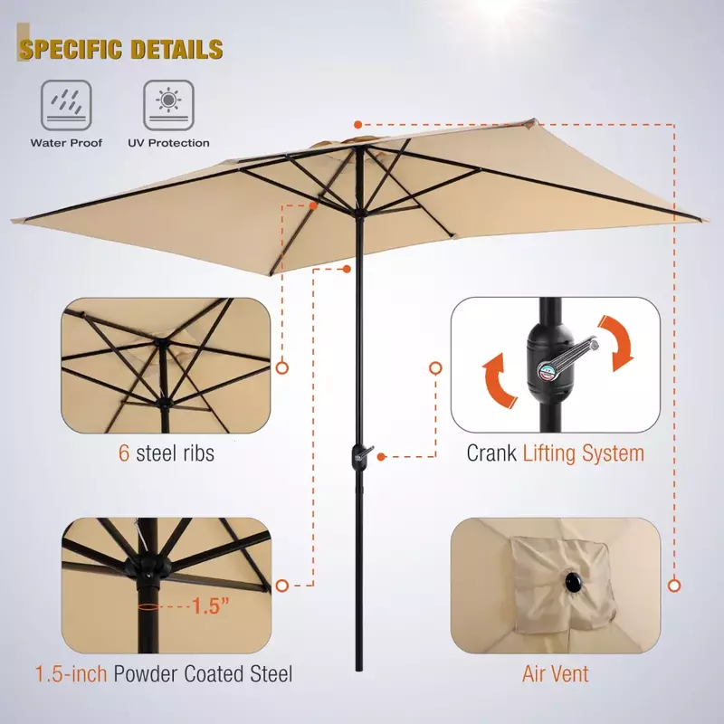 Parapluie de marché extérieur rectangulaire avec 6 nervures en acier et manivelle, orange, table, 10x6,6 pi