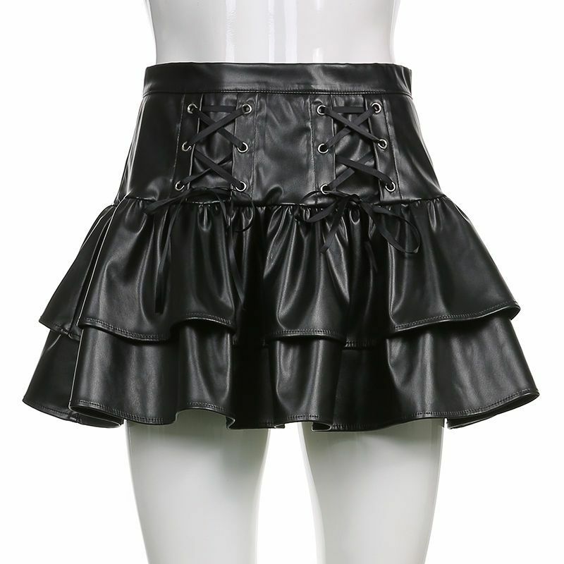 Mini saia de couro PU feminina, Y2K, moda Harajuku, com cintas escuras, casual, retrô, chique, cintura alta, arco, fino, plissado
