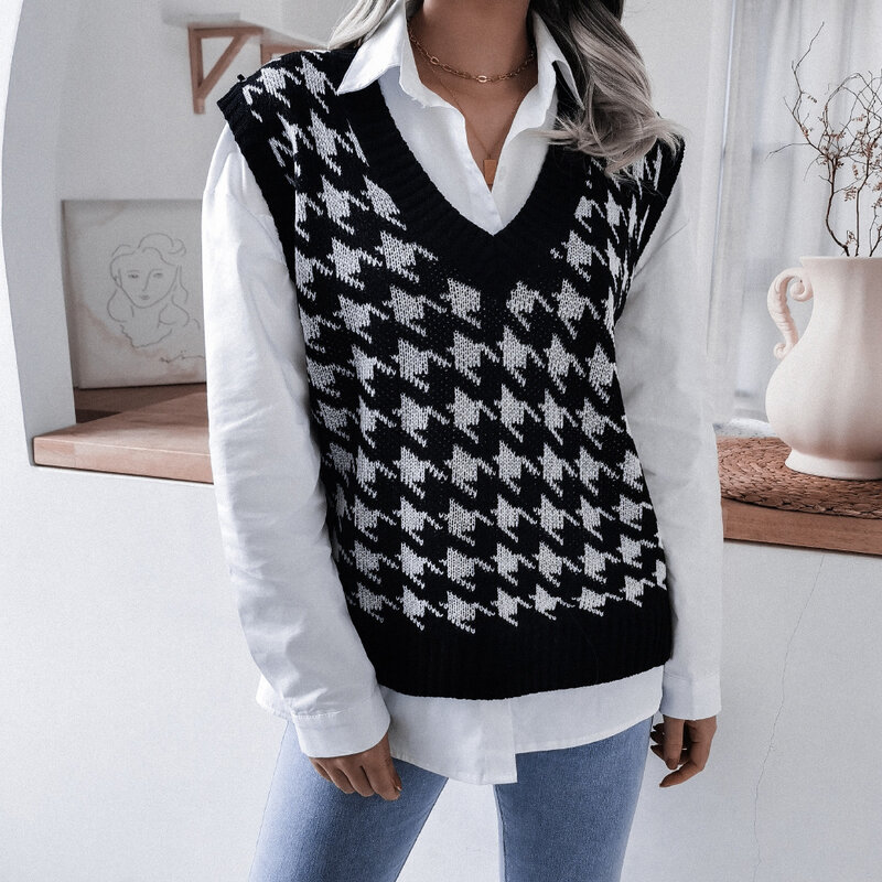Women Sweaters Long Sleeve Turn Down Collar Print Jumpers High Street Loose Fit Knitting Pullovers Slight Strech Patchwork
