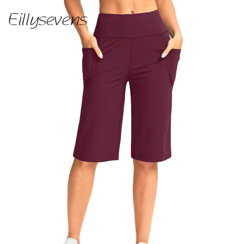 Pantalones cortos de longitud media para mujer, Shorts holgados de Color sólido, cintura alta elástica con bolsillos, informales, 2024