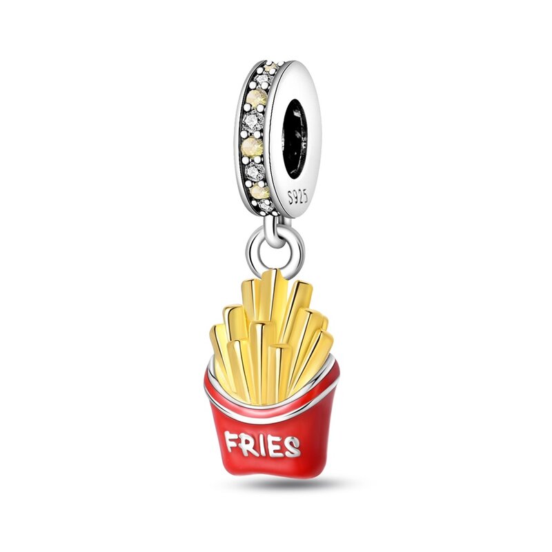 Abalorio de patatas fritas doradas de Plata de Ley 925 para mujer, accesorio de joyería para Banquete de comida, compatible con pulsera Pandora creativa