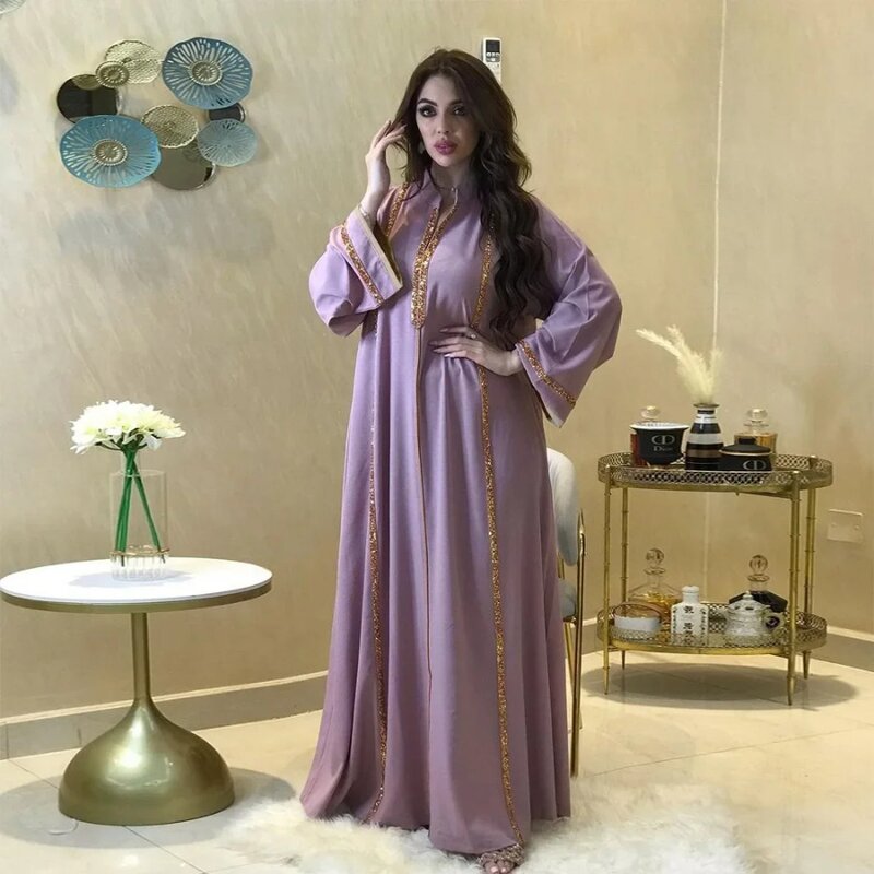 Muslim Dress Jalabiya Diamond Ribbon Loose Big Swing Robe Female Middle East Dubai Abayas for Women Kaftan Femme Musulman