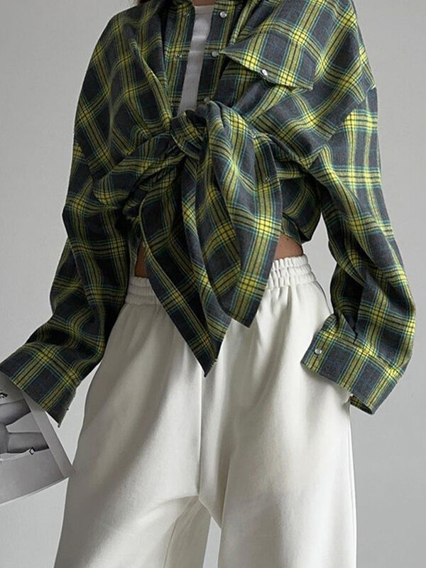 Mueyaruho Herbst Winter Frauen übergroße karierte Hemd Vintage Langarm Loose Fit Bluse für Frau