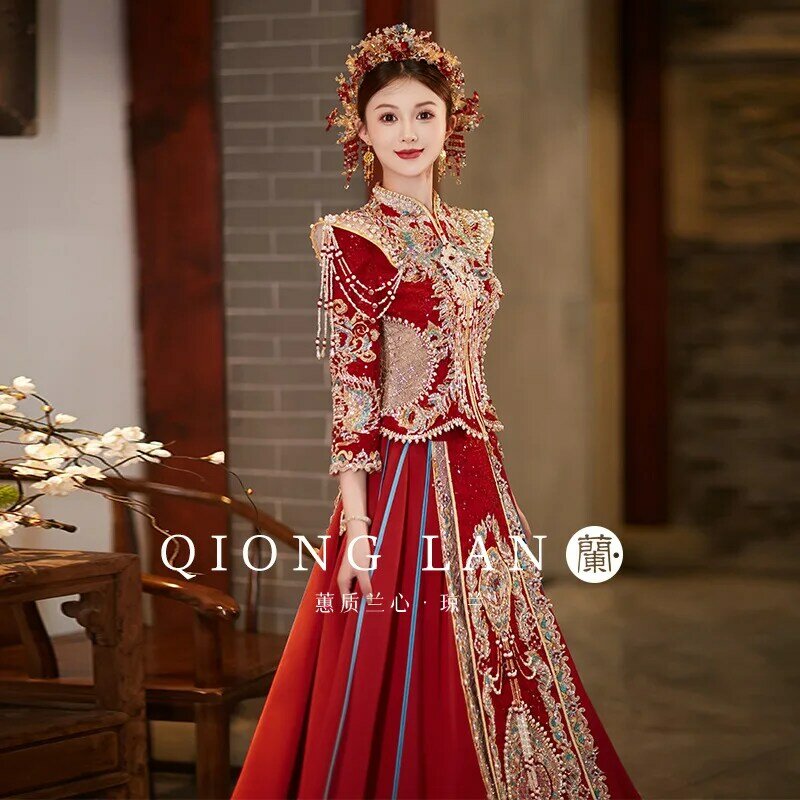 Xiuhe 무거운 구슬 장식 중국 신부 원피스, 고대 웨딩 드레스, 용과 피닉스 로브 가운, 럭셔리 2023 신상