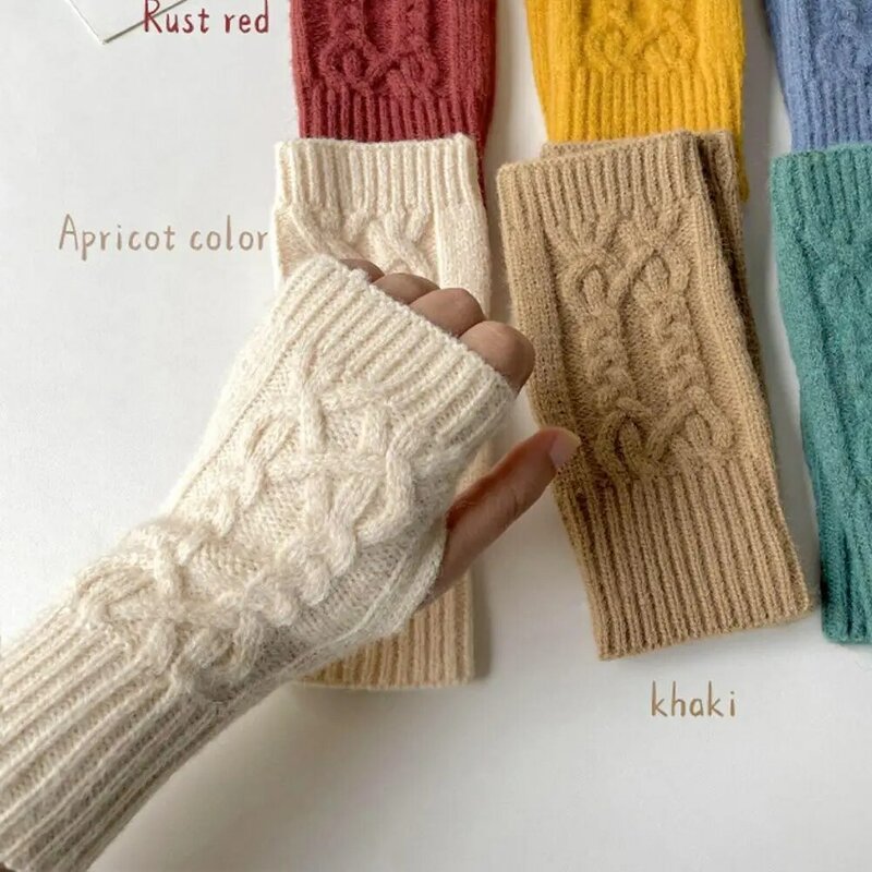 ถุงมือครึ่งนิ้วอุ่นแขนข้อมือแบบถักสำหรับผู้หญิงสีฤดูหนาว