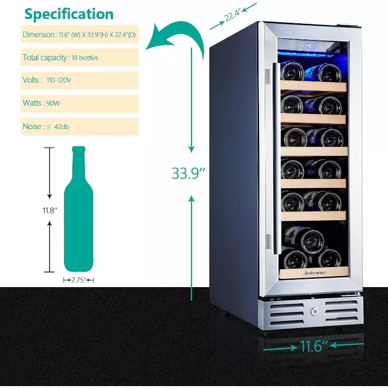 Kalamera Wine Cooler Refrigerador, Mini Geladeira, Aço Inoxidável, Double-Layer, Porta de Vidro Temperado, 18 Garrafa, 12"