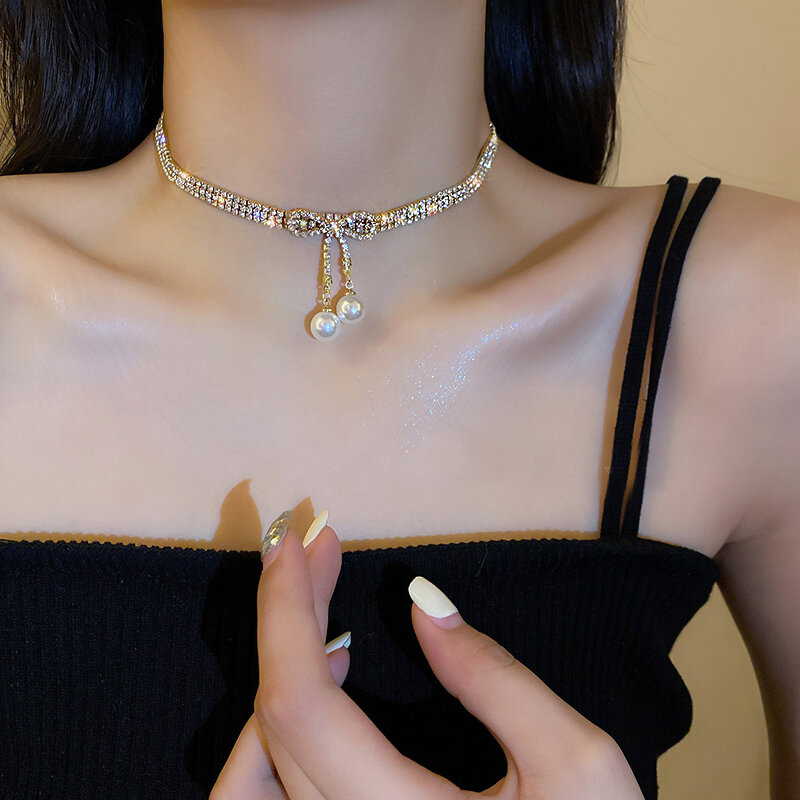 Luxus Drei Reihen Voller Strass Quaste Perle Gold Farbe Halsband Halskette Für Frauen Einstellbar Schmetterling Halskette Schmuck
