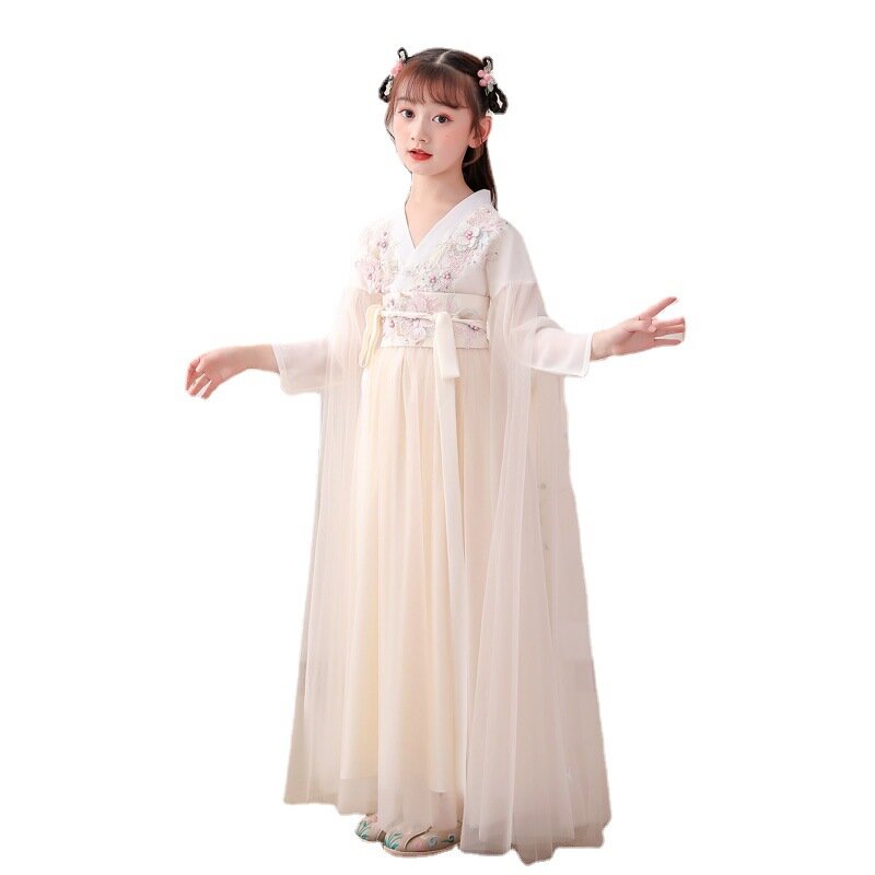 Crianças verão nova super fada hanfu estilo chinês kirt saia de gaze de mangas compridas traje antigo menina de flor vestido