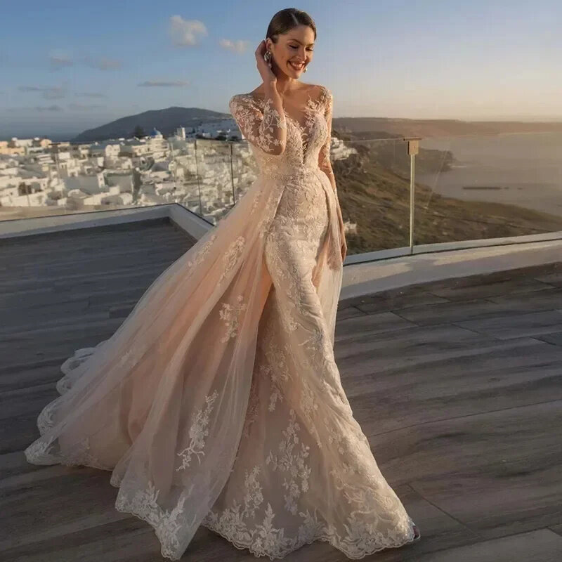 Elegant Lace Mermaid Wedding Dresses Long Sleeves Bridal Gown Illusion Tulle Button Appliques Train Vestidos De Noiva
