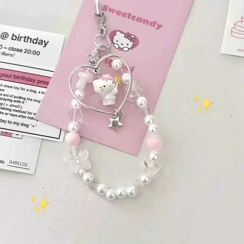 Coque de téléphone en perles Sanurgente Love Hello Kitty, porte-clés de dessin animé, pendentif, sangle de sac à dos, décoration, cadeau de vacances, JOGirl, Kawaii