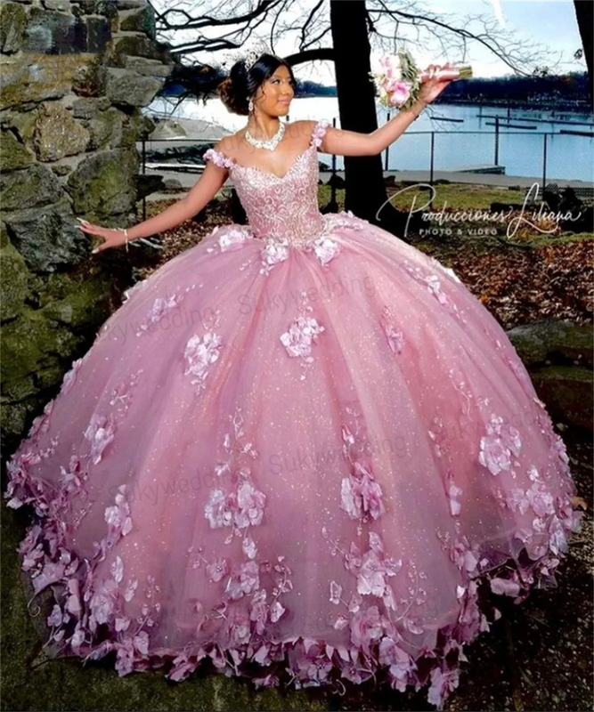 Abiti Quinceanera rosa abito da ballo con mantello fiori 3D abiti da festa perline glitterate corsetto Prom Sweet 16 abiti per ragazza nera
