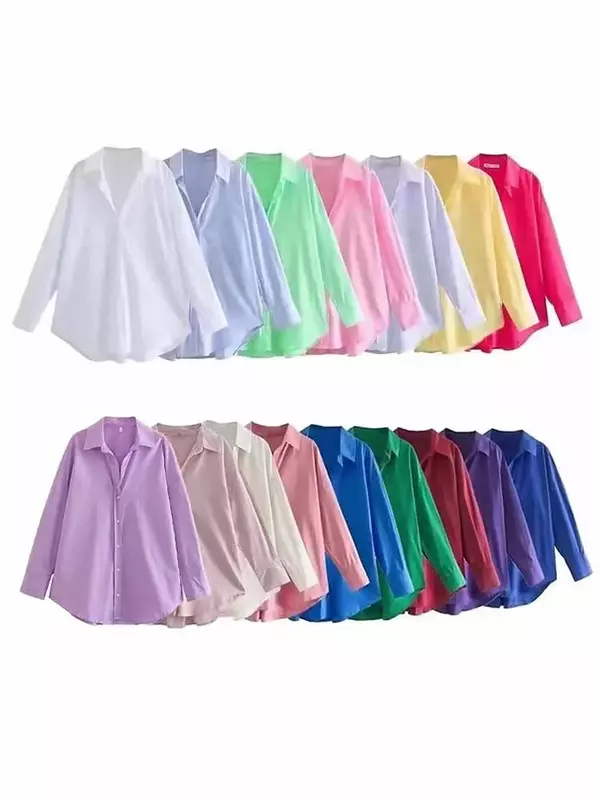 Kobiety 2023 nowe modne plisowane luźne popelinowe asymetryczne bluzki Vintage długie guzik na rękawie-up koszule damskie eleganckie koszule