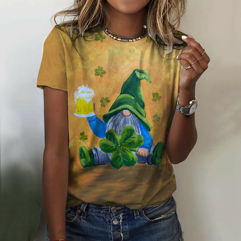 T-Shirt da donna Casual a maniche corte di colore rotondo moda giorno di san patrizio stampa modello BlouseLoose magliette giornaliere per le donne