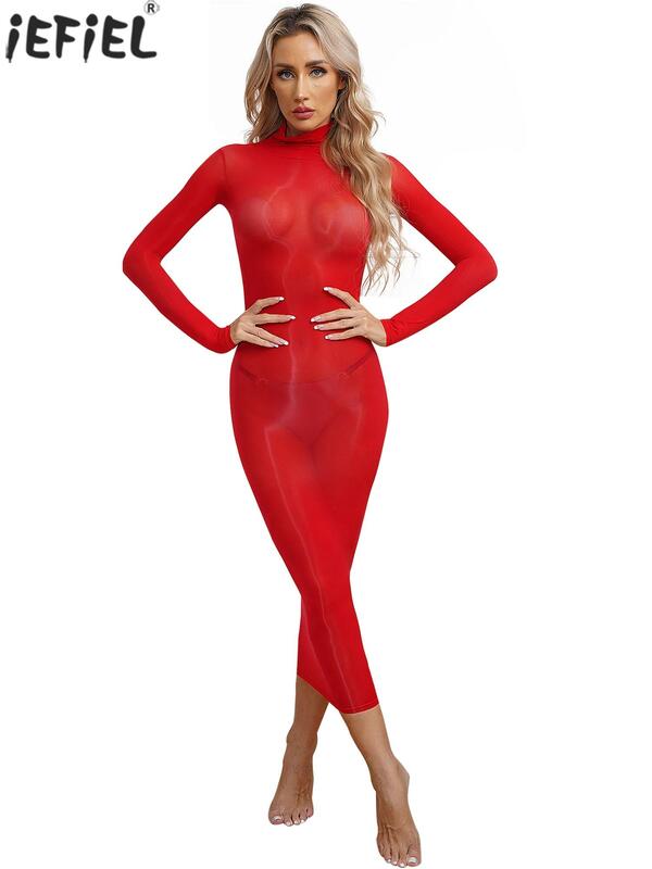 여성용 섹시한 란제리 원피스 나이트웨어, 높은 신축성 긴 소매 또는 민소매 광택 바디콘 드레스, 단색 시스루, 2024