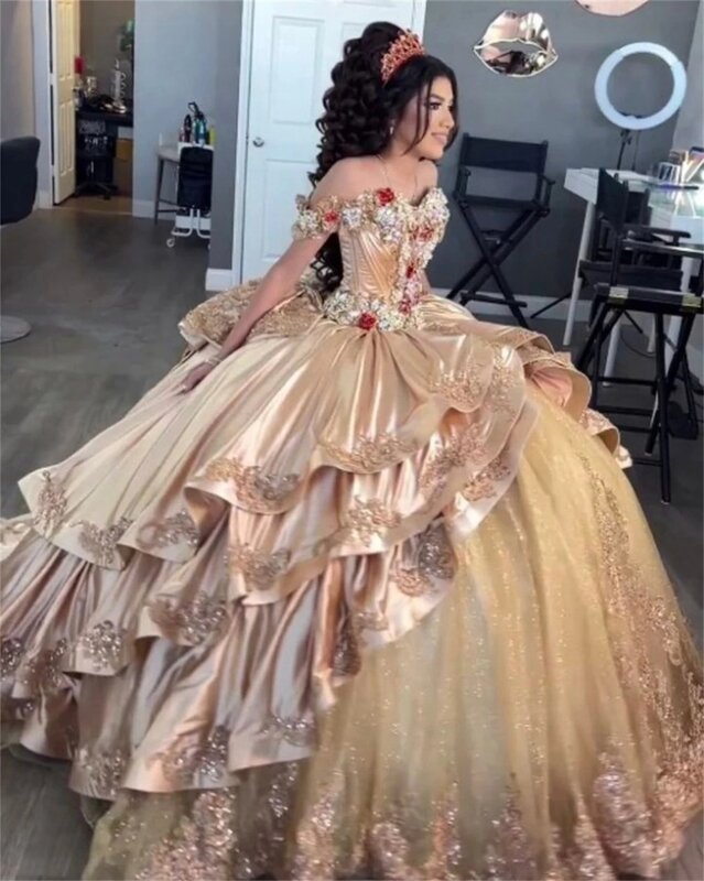 Gaun dansa putri Quinceanera sampanye gaun pesta tanpa bahu applique manis 16 Gaun 15 AFO Meksiko