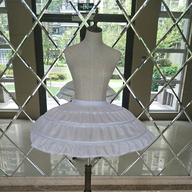Rok Putih Rok untuk Anak Perempuan 3 Ring Baja Gaun Pernikahan Rok Bawah Pinggang Elastis Tali Kolor Tepi Rok A-Line
