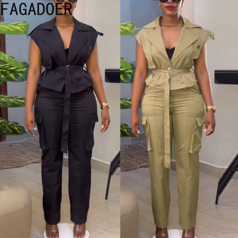 Fagadoer elegante Büro Dame schnüren zweiteilige Sets Frauen Turndown Kragen ärmellose Top Cargo hose Outfits Mode Streetwear