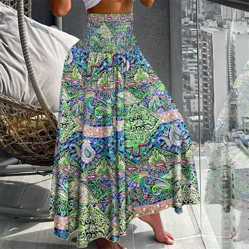 Elegante Vintage-Druck elastische Stretch hohe Taille Rock Frauen neue Sommer lose plissierte Halbkörper Kleid lässig Urlaub Streetwear