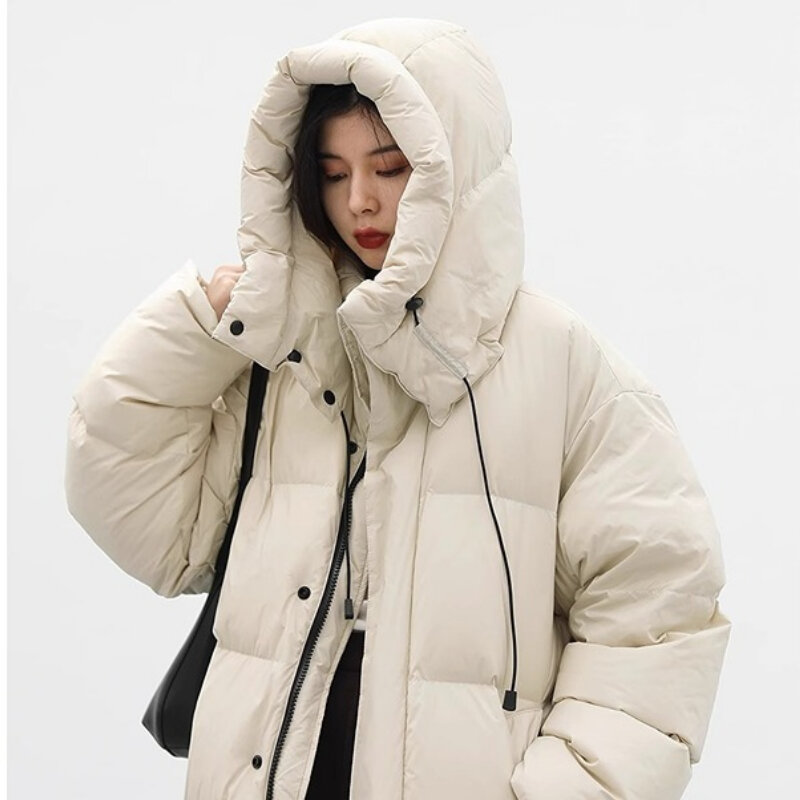 Abrigo de plumón de pato blanco para mujer, abrigo de longitud media con capucha a prueba de viento, cuello de pie, suelto, cálido, informal, nuevo, Invierno
