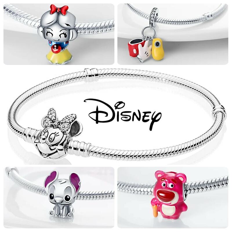 Breloques Disney Stitch Minnie Mouse Winnie en Argent 925, Bracelet Original, Perles, Pendentif, Bijoux, Cadeau
