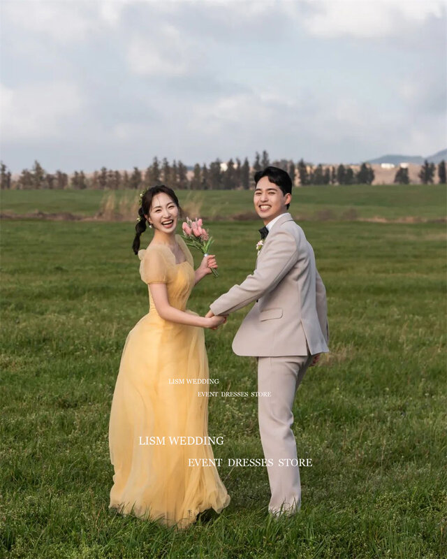 Lism quadratischen Hals gelb Korea eine Linie Abendkleider Kurzarm Hochzeit Fotoshooting formelle Anlass Kleid rücken frei Party kleid