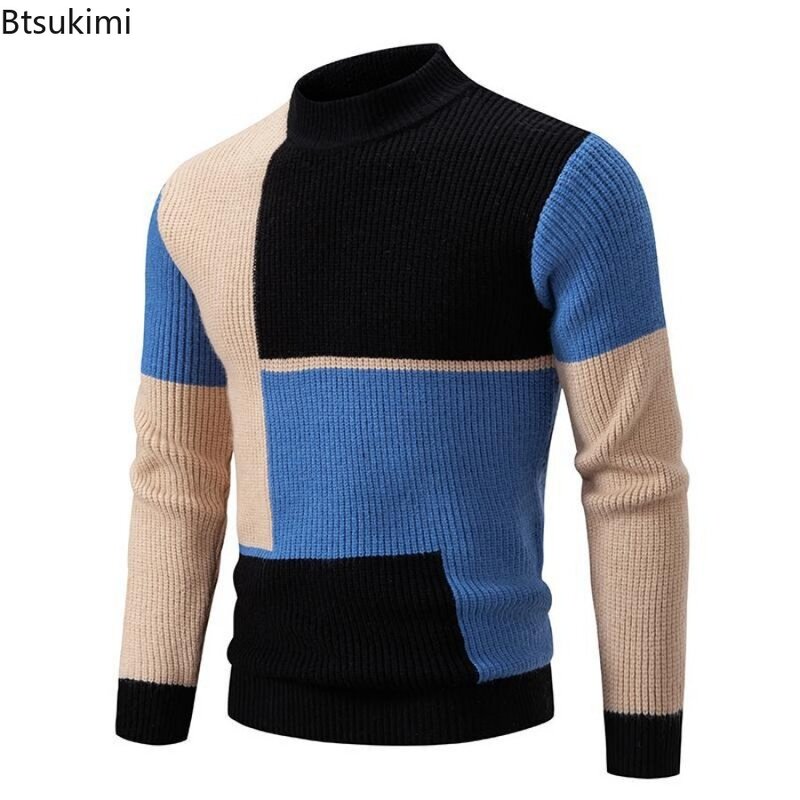 New2024 Sweater hangat kasual musim gugur musim dingin untuk pria Pullover rajut tren Fashion Sweater rajut leher tiruan kontras untuk pria