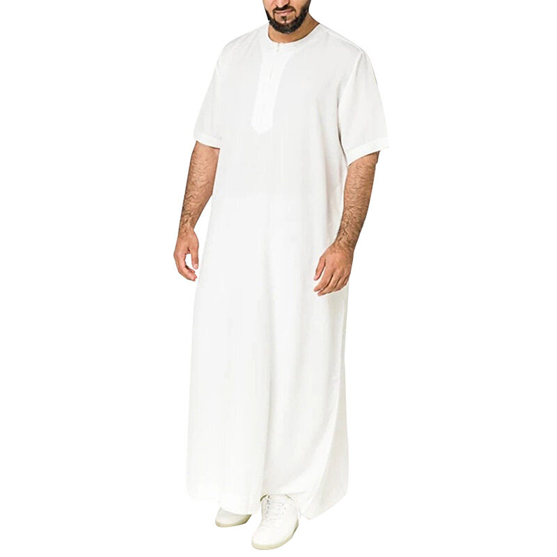2024 baru warna Solid lengan pendek desain Muslim Timur Tengah Arab Dubai Malaysia kemeja Pria ritsleting jubah Muslim