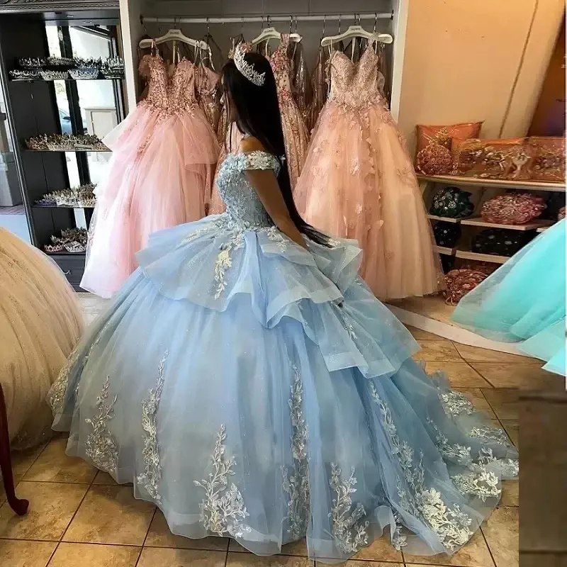 Hellblaue Glitzer Quince anera Kleider Ballkleid Vestidos de 15 Anos schulter freie Applikationen trainieren formale Prinzessin Party kleider
