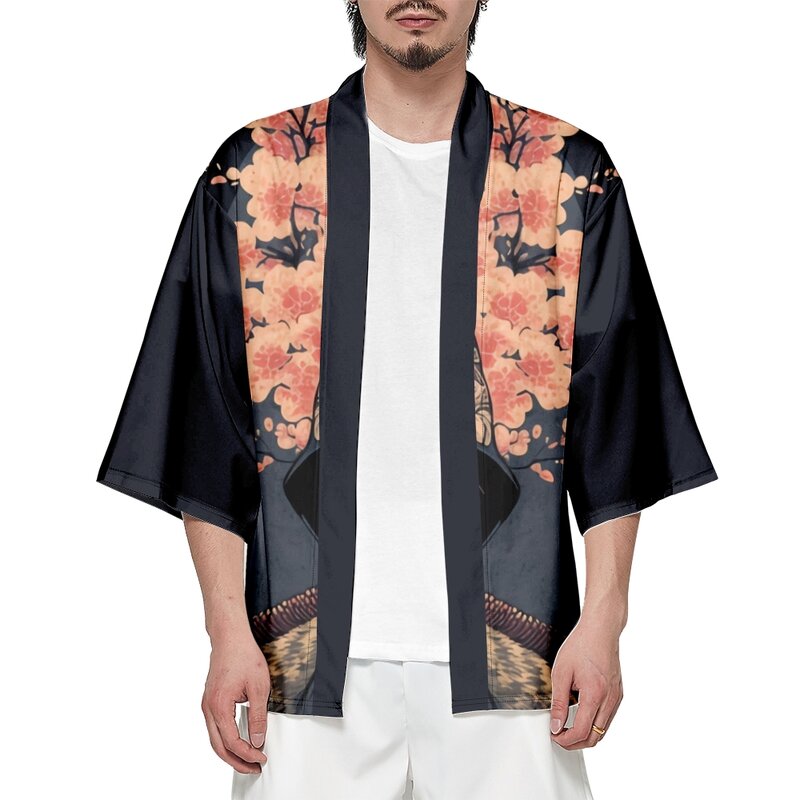 Japonês sakura samurai impressão quimono para homens e mulheres, streetwear, roupas tradicionais harajuku, chapéu de praia do verão