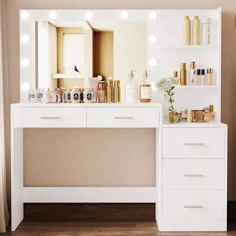 Maquiagem Vanity Desk com espelho iluminado, grande mesa de vestir, prateleira de armazenamento, 5 gavetas, quarto, 46,7"