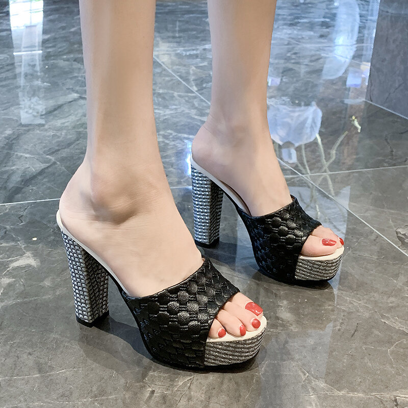 Hoge Hak Slippers Dames Trendy Nieuwe Zomer Mode Dikke Hak Koreaanse Open Teen Slippers