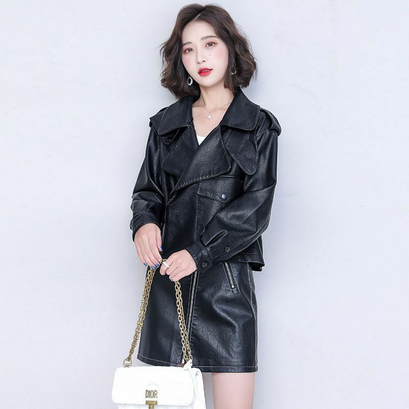 2023 spring Winter New Women Leather Coat Short loose outwear Fashion biker jacket casual thin outcoat temperament top