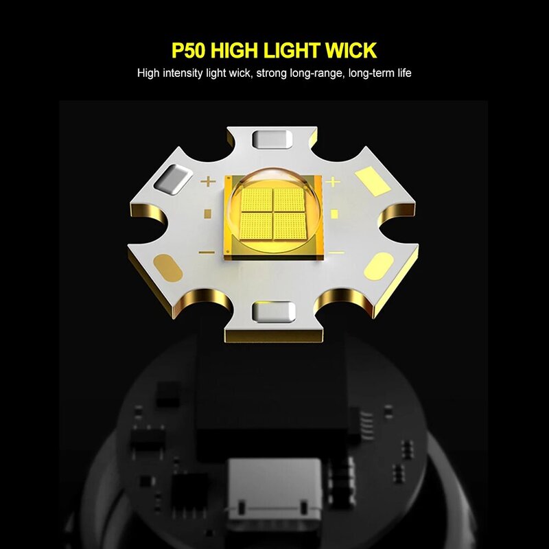Torcia portatile P50 da esterno torcia ricaricabile a LED tattica ricaricabile USB torcia impermeabile lanterna da campeggio potenti luci Flash