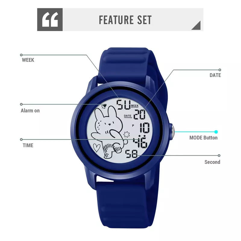 SKMEI นาฬิกาข้อมือดิจิทัลสำหรับเด็กผู้ชายและ lampu belakang, นาฬิกาดิจิตอลนับถอยหลังลายการ์ตูนกระต่าย2217