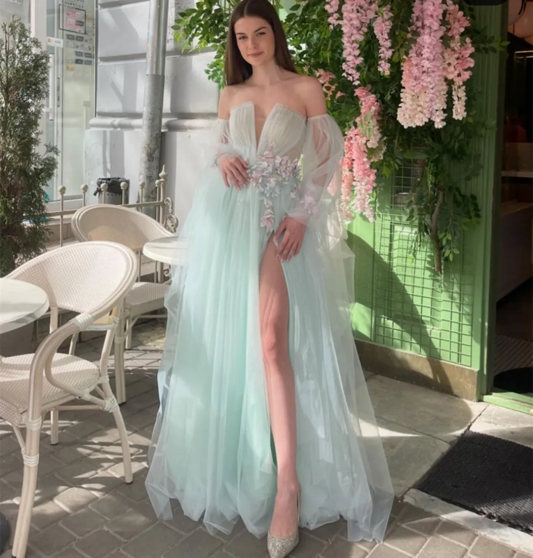 Elegant Long V-Neck Tulle Prom Dresses With Appliqued Slit A-Line Floor Length Evening Dresses for Women
